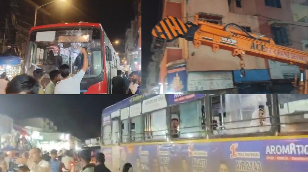 Bus & Crane Hits Each Other at Uttan, Rickshaw Stand Mirror Damage